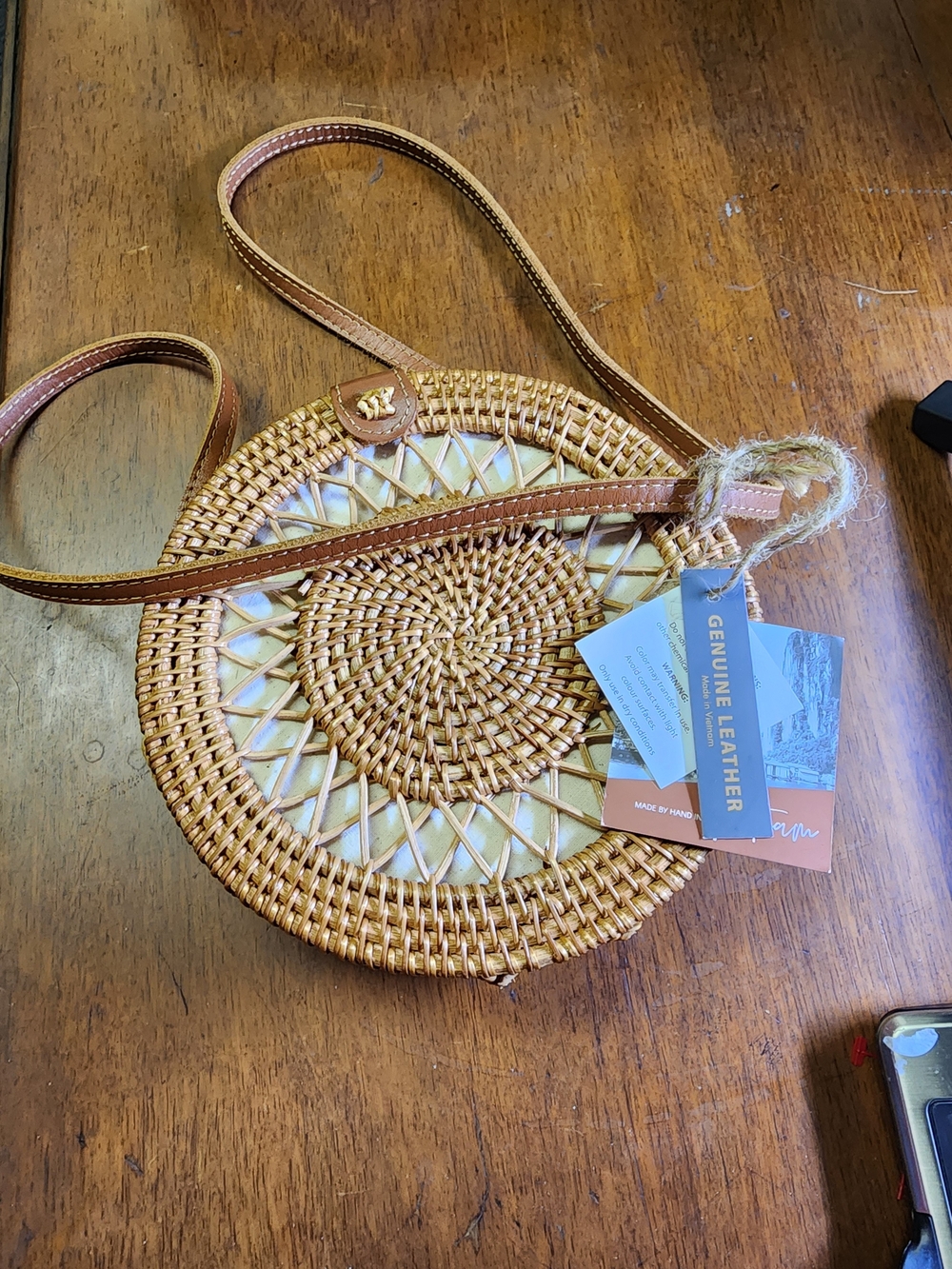 Handwoven NWT Round Rattan Crossbody Bag with Tan Leather Strap